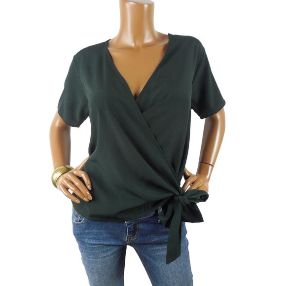 Ann Taylor Tops - ANN TAYLOR Top M Dark Emerald Green Wrap Blouse Short Sleeve Shirt Side Tie